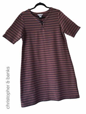 STRIPED NAVY & BROWN COTTON KNIT DRESS V-LACE NECK LIKE NEW SHORT SLEEVES LARGE